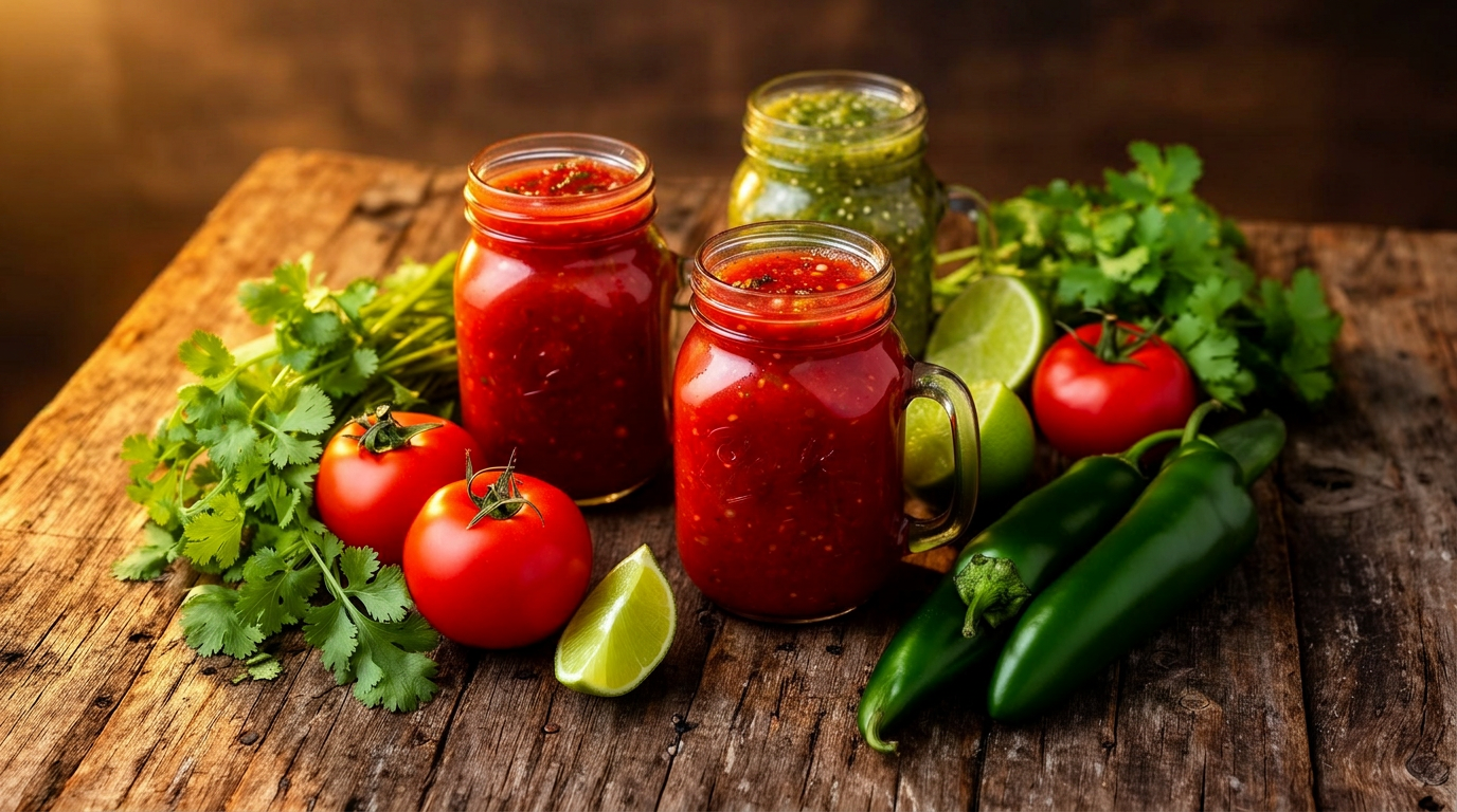 Three jars of Righteous Salsa surrounded by fresh tomatoes, cilantro, lime, and peppers