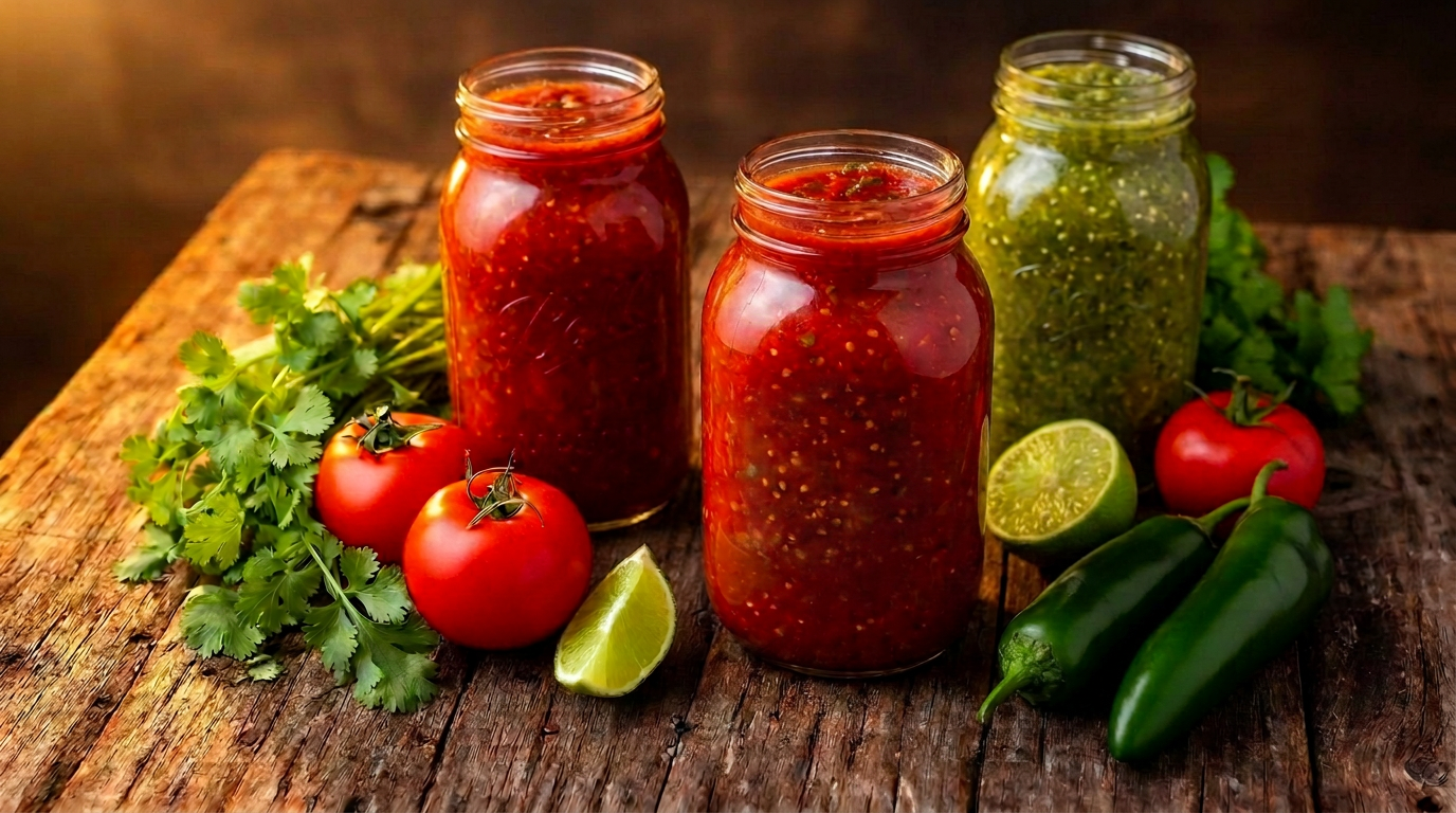 Three jars of Righteous Salsa surrounded by fresh tomatoes, cilantro, lime, and peppers