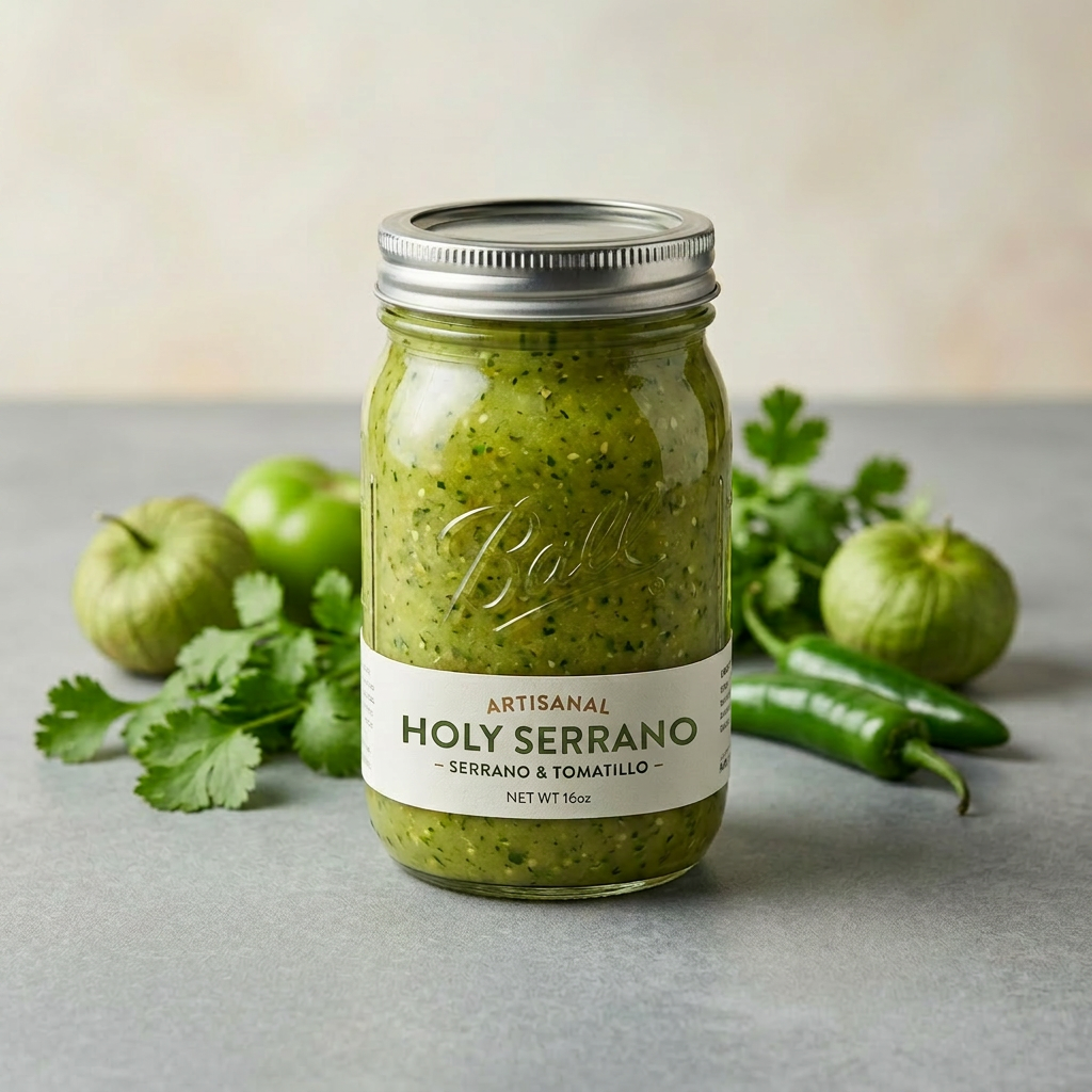 Holy Serrano salsa jar